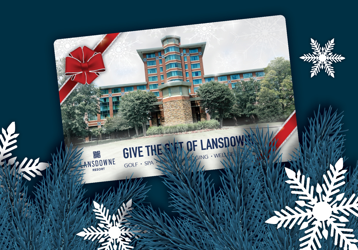 Winter holiday gift card for Lansdowne Resort with snowflakes and ribbon
