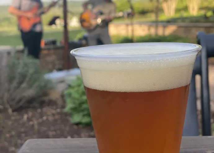 Chilled pint of golden beer with a foamy head on an outdoor patio table with blurred greenery in the background.