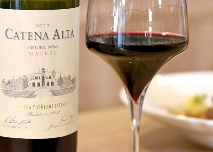 Glass of red wine and Catena Alta wine bottle beside a plated gourmet meal