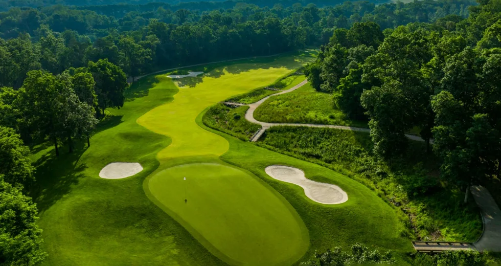 A stunning aeriel view of the Lansdowne Resort golf course highlighting the 18th hole. 