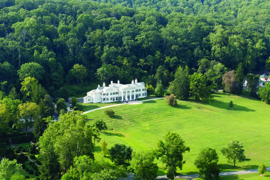 An aerial view of the Morven Park Main House surrounded by greenery and home to interesting things to do in Loudoun county.